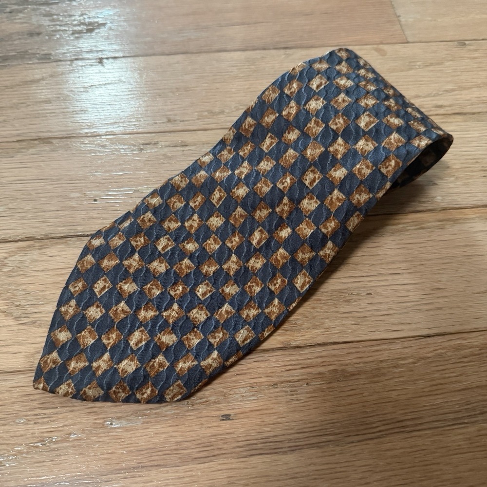 Ermenegildo Zegna Mens Tie Blue Gold Geometric Squares 100% Silk Made In Italy